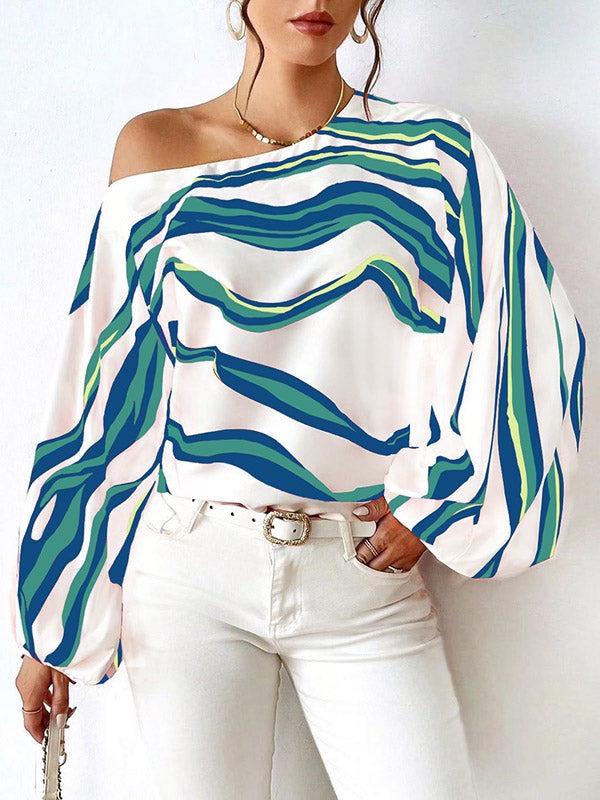 xakxx Long Sleeves Loose Asymmetric Striped One-Shoulder Blouses&Shirts Tops