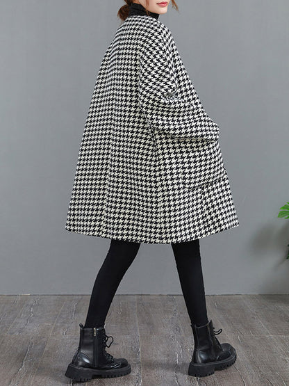 xakxx Loose Houndstooth Buttoned Round-Neck Long Sleeves Woolen Coat