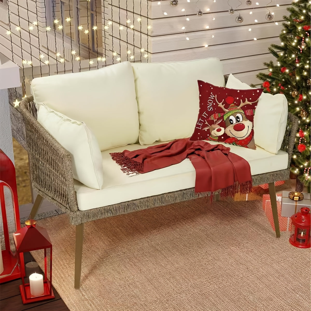 4pcs, Merry Christmas Throw Pillow Covers, Cute Reindeer Snowman Xmas Tree Stripes Print Cushion Covers, 18in*18in, Winter Holiday Farmhouse Home Decor Pillowcases, For Porch Patio Couch Sofa Living Room Outdoor, Set Of 4, Without Pillow Inserts