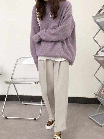 xakxx Simple Loose Long Sleeves Round-Neck Sweater Tops Pullovers