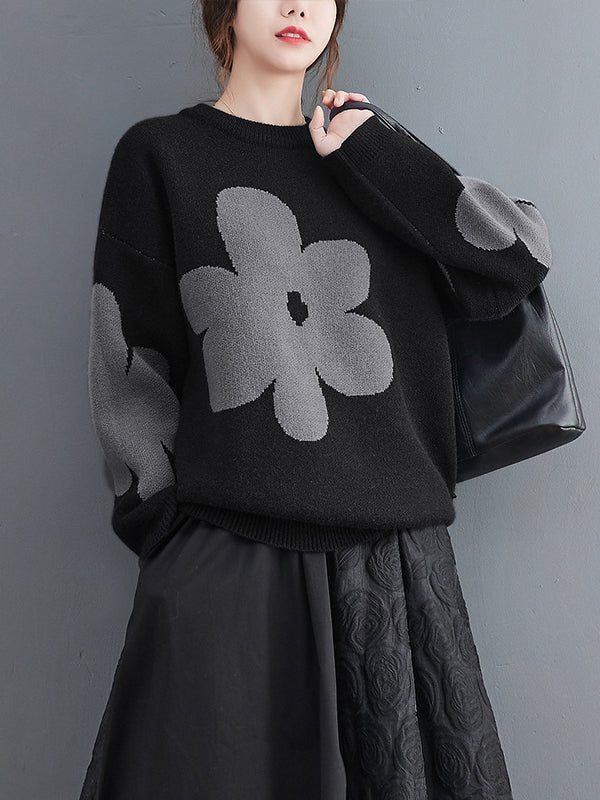 xakxx Casual Loose Long Sleeves Contrast Color Jacquard Round-Neck Sweater Tops