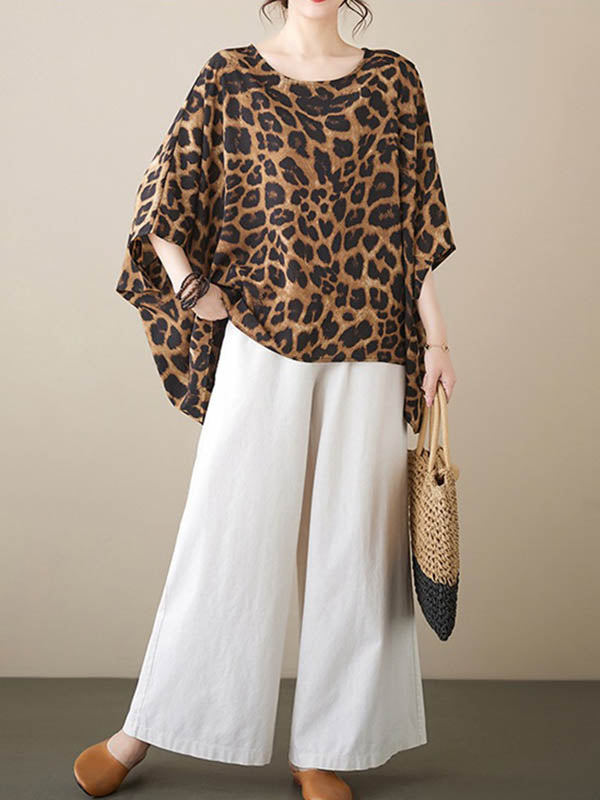xakxx Batwing Sleeves Loose Leopard Round-Neck T-Shirts Tops