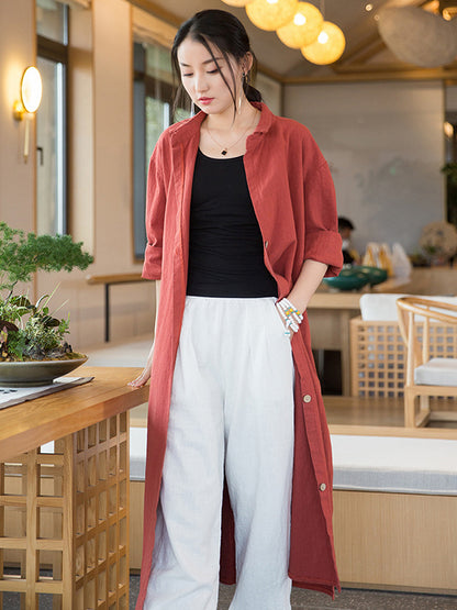 xakxx Artistic Retro Loose Simple Casual Solid Color Ramie Trench Coat