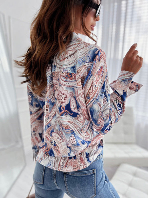 xakxx Trendy Long Sleeves Loose Printed Lapel Collar Blouses&Shirts Tops
