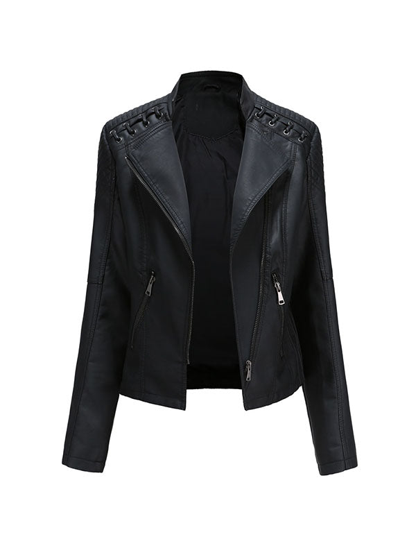 xakxx Long Sleeves Split-Joint Zipper Mock Neck PU Jackets Outerwear