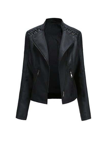 xakxx Long Sleeves Split-Joint Zipper Mock Neck PU Jackets Outerwear