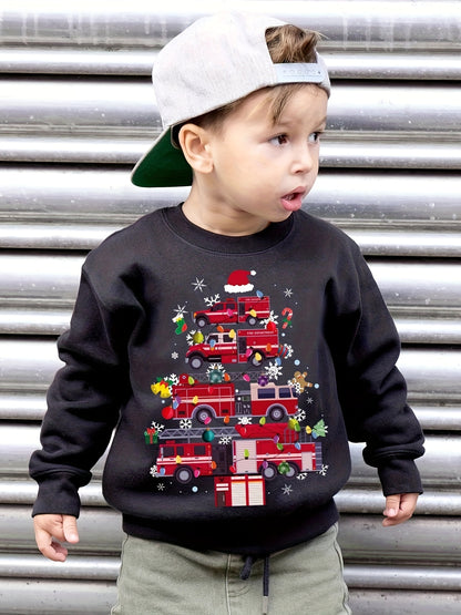 Boys' Cozy Fleece-Lined Christmas Fire Truck Print Sweatshirt - Casual Long Sleeve Pullover for Fall/Winter