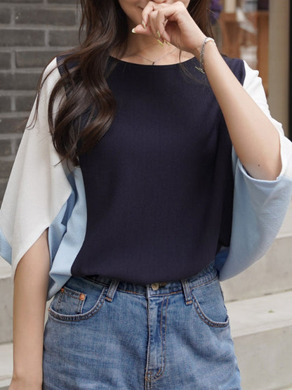 xakxx Batwing Sleeves Half Sleeves Contrast Color Round-Neck Blouses&Shirts Tops
