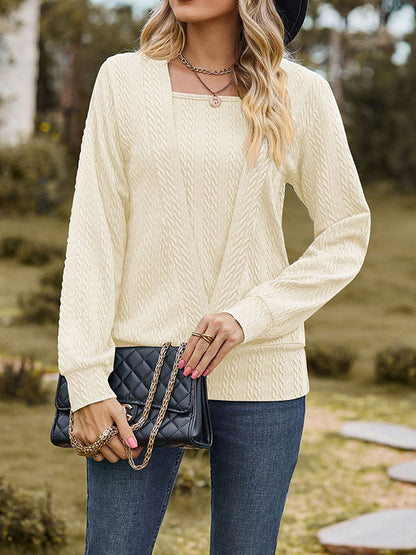 xakxx Long Sleeves Loose Colorful Solid Color Square-Neck T-Shirts Tops