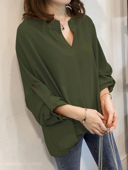 xakxx Casual Long Sleeves Loose Solid Color V-Neck Blouses&Shirts Tops