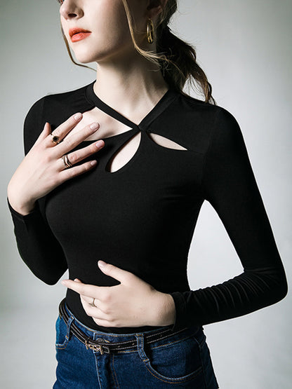 xakxx Long Sleeves Skinny Hollow Solid Color Asymmetric Collar T-Shirts Tops