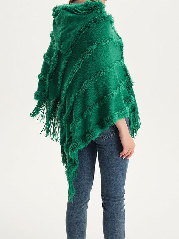 xakxx Hooded Keep Warm Solid Color Tasseled Cape Shawl&Cloak