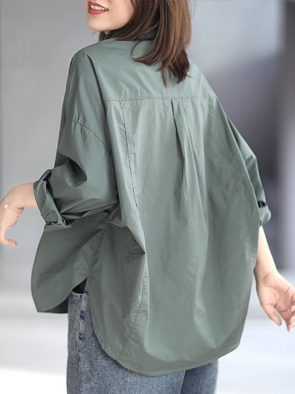 xakxx High-Low Long Sleeves Solid Color Lapel Blouses&Shirts Tops