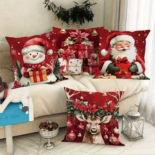 4-Pack Velvet Printed Christmas Pillow Covers with Santa & Snowman Designs, Machine Washable, Zipper Closure, Polyester Fabric, Contemporary Style for Home Sofa, Bedroom, Living Room Decor