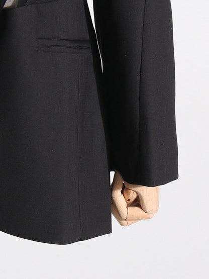 xakxx Long Sleeves Buckle Gauze See-Through Solid Color Split-Joint Notched Collar Blazer