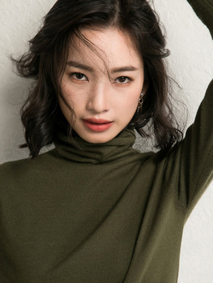 xakxx Simple Loose Long Sleeves Solid Color High-Neck Sweater Tops