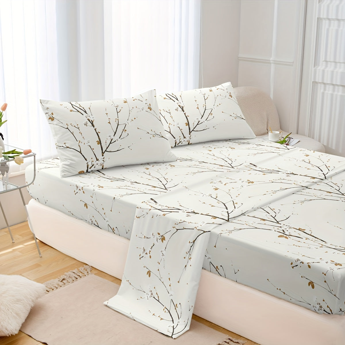 4pcs Luxury Flower Print Fitted Sheet Set - Soft, Hypoallergenic & Breathable Bedding - Wrinkle-Free & Fade-Resistant - Perfect for Bedrooms & Guest Rooms - 1 Flat Sheet, 1 Fitted Sheet, 2 Pillowcases - No Mattress Core