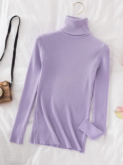 xakxx Simple Skinny Solid Color High-Neck Sweater Tops