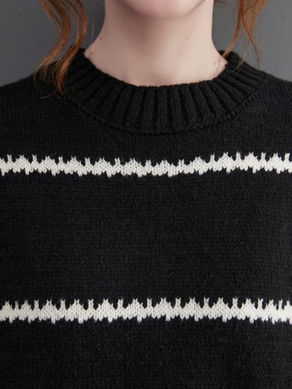 xakxx Casual Loose Long Sleeves Striped Round-Neck Sweater Tops