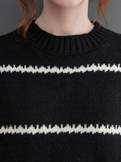 xakxx Casual Loose Long Sleeves Striped Round-Neck Sweater Tops
