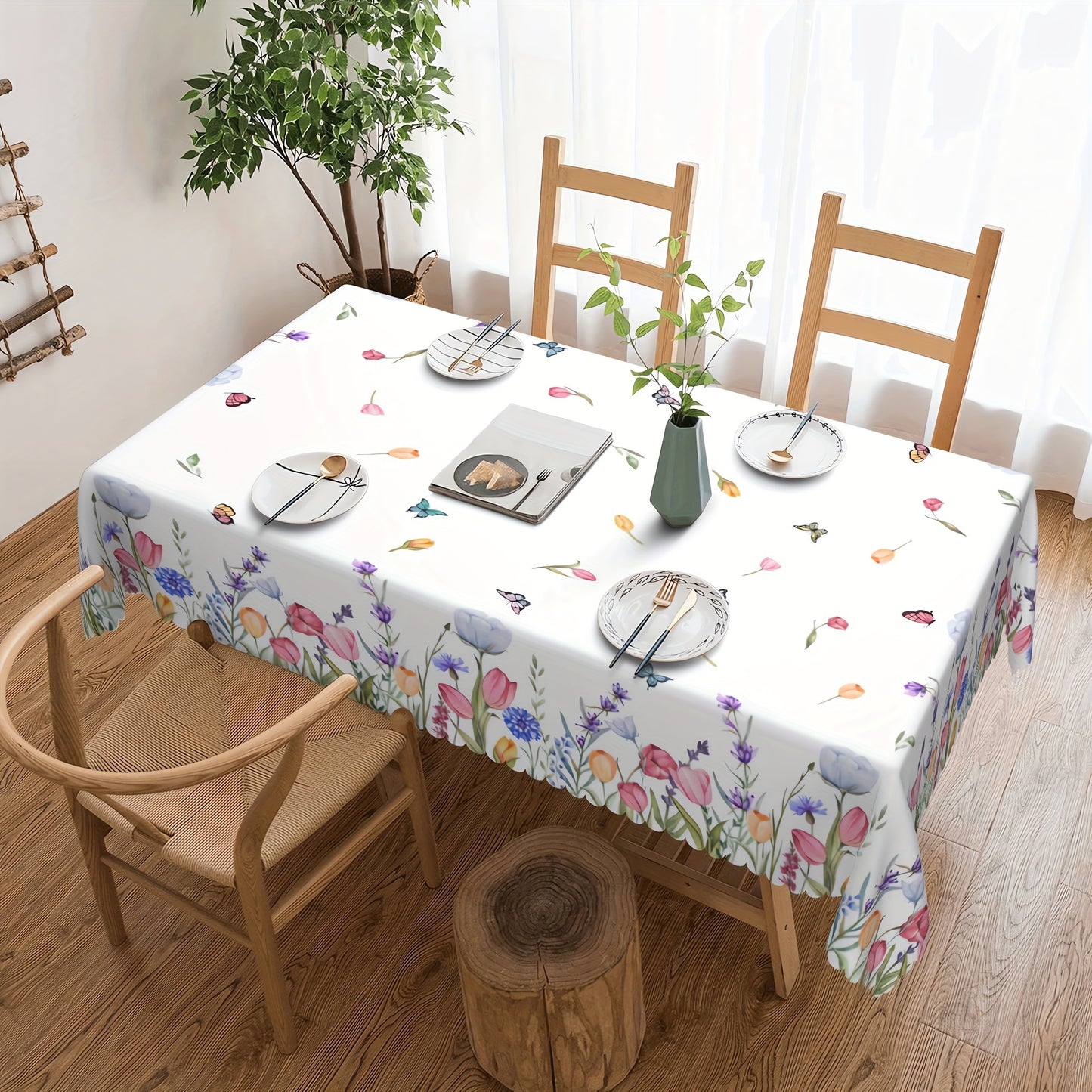 1pc Of Tulip Flower Butterfly Tablecloth, Spring Table Decoration, Edge Embossing Process, Printed Tablecloth, Anti-fouling, Waterproof, Wrinkle-free, Suitable For Daily Family Kitchen, Restaurant Terrace Indoor And Outdoor Use