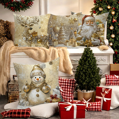 4pcs, Christmas pillowcase, Golden Santa Claus, snowman, deer, Christmas tree, beautiful and practical 17.7 inches * 17.7 inches, suitable for home and outdoor sofa decoration, living room sofa, bedroom zipper pillowcase (excluding pillow core)