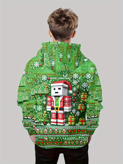Boy's 3D Printed Christmas Toy Brick Santa Claus Hoodie, Spring Autumn Winter Long Sleeve Hooded Sweatshirt With Pocket, Outdoor Casual Top