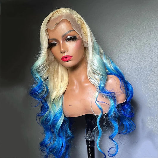 Brazilian 13x4 Blonde Ombre Blue Lace Front Wigs For Women Body Wave Short Simulation Human Hair Wig HD Lace Frontal Wig