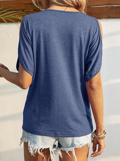 xakxx Loose Short Sleeves Hollow Solid Color Cold Shoulder T-Shirts Tops