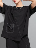 xakxx Loose Short Sleeves Asymmetric Solid Color Split-Joint Round-Neck T-Shirts Tops