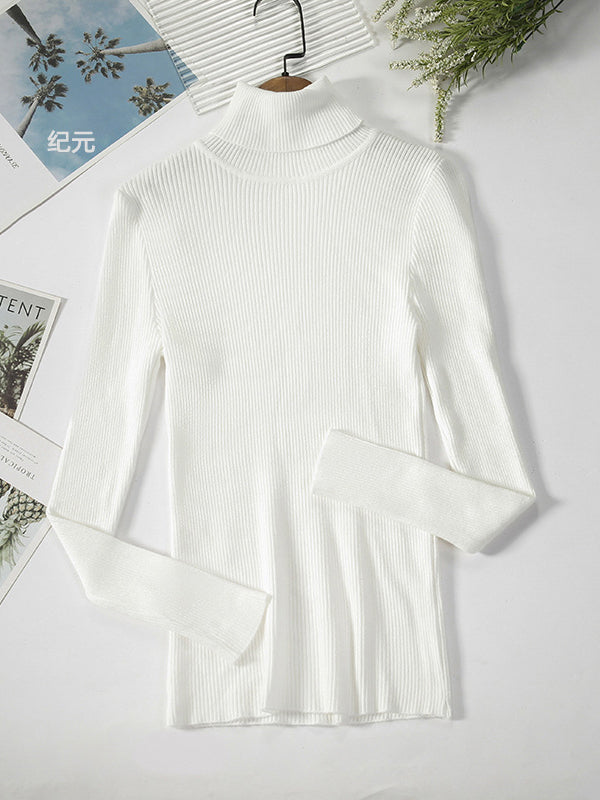 xakxx Simple Skinny Solid Color High-Neck Sweater Tops