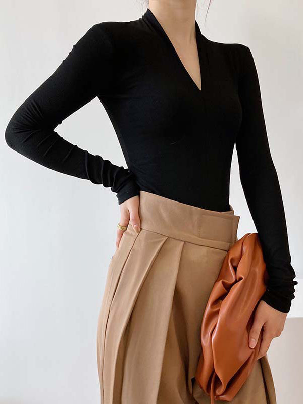 xakxx Long Sleeves Skinny Solid Color V-Neck T-Shirts Tops