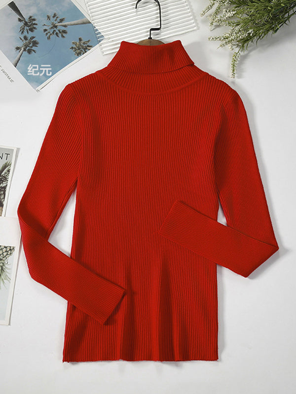 xakxx Simple Skinny Solid Color High-Neck Sweater Tops