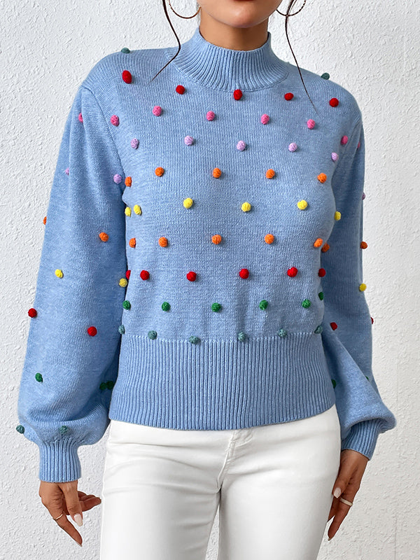 xakxx Long Sleeves Loose Pompom Triming Round-Neck Knitwear Pullovers Sweater Tops