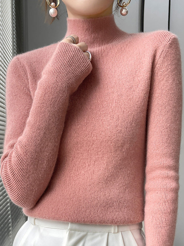 xakxx Casual Skinny Long Sleeves Solid Color Half Turtleneck Sweater Tops