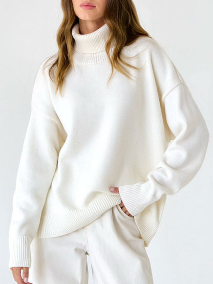 xakxx Long Sleeves Loose Solid Color High Neck Knitwear Pullovers Sweater Tops