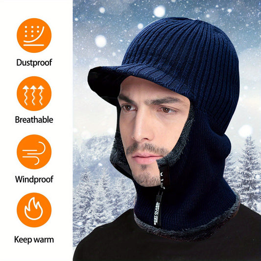 2 pieces Winter Hat Scarf Mask Set, Motorcycle Winter Warm Urine Cap with Thick and Cold Resistant Knitted Hat Wool Skiing Mask with Zipper Solid Color Motorcycle Bicycle Windproof Balaclava Men's and Women's Outdoor Cycling