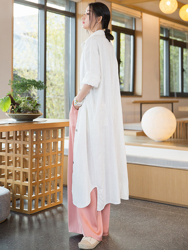 xakxx Artistic Retro Loose Simple Casual Solid Color Ramie Trench Coat