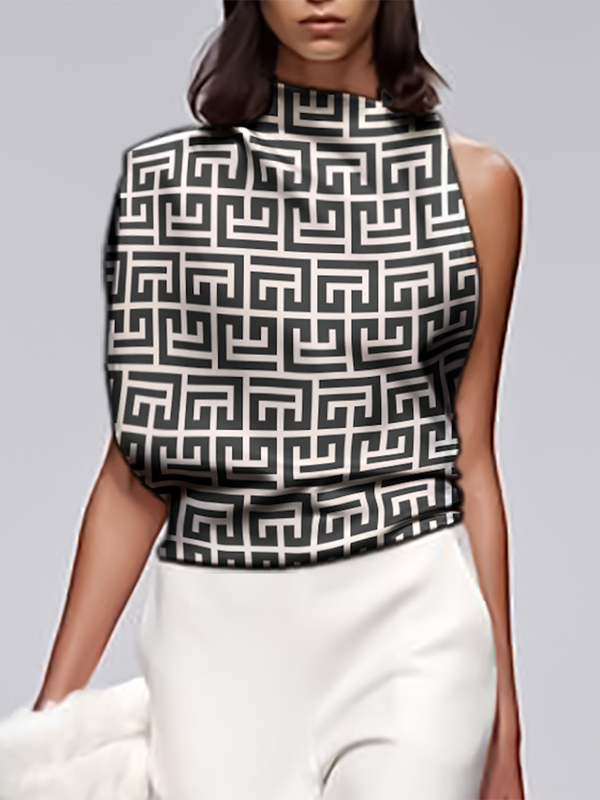 xakxx Loose Sleeveless Asymmetric Printed Stand Collar T-Shirts Tops