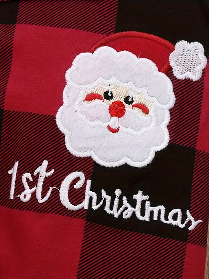 2pcs Baby Boys Christmas Gentlemen's Letter Embroidered Jumpsuit&Santa Claus Head Letter Embroidered Checkered Backband Pants Set