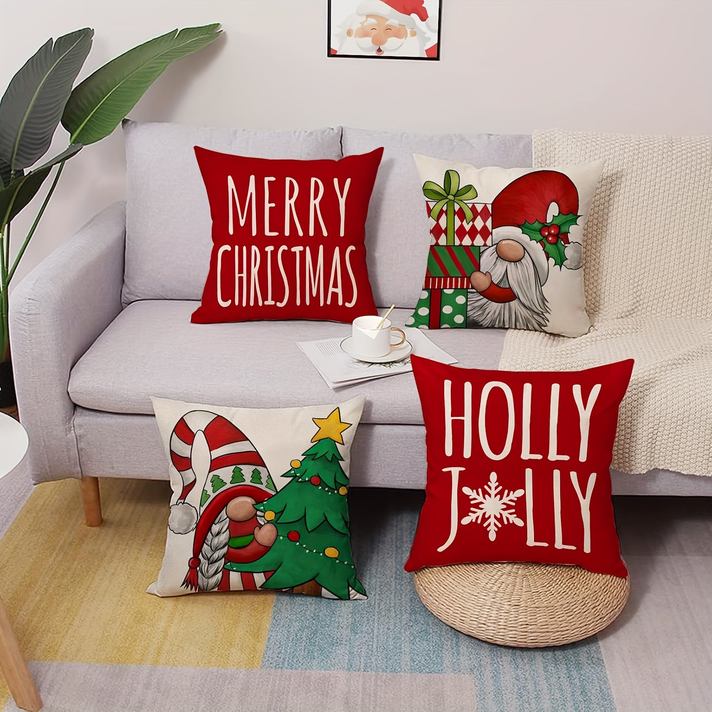 [Customer Favorite] 4pcs Merry Christmas Gnome Decorative Throw Pillow Cover Xmas Tree Holly Jolly Red Porch Patio Home Decor, Winter Holiday Snowflakes Polka Dot Gifts Outdoor Sofa Couch Cushion Case 18inxhX18inch No Pillow insert