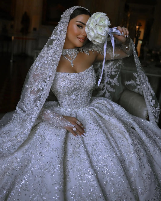 Vintage crystal ball gown Wedding Dress for bride luxury pearls beading lace wedding dresses strapless Vestido De Noiva Dubai saudi arabic robe mariage Bridal gowns