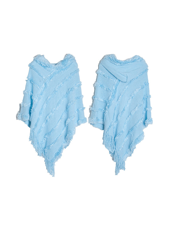 xakxx Hooded Keep Warm Solid Color Tasseled Cape Shawl&Cloak