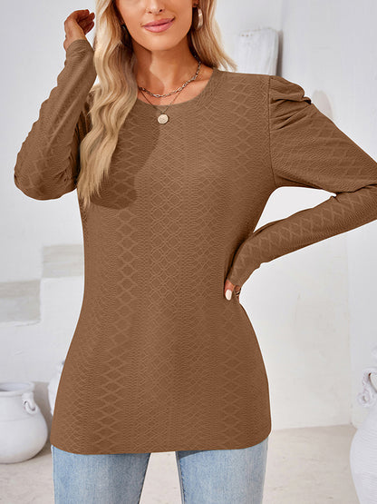 xakxx Long Sleeves Loose Pleated Solid Color Round-Neck T-Shirts Tops