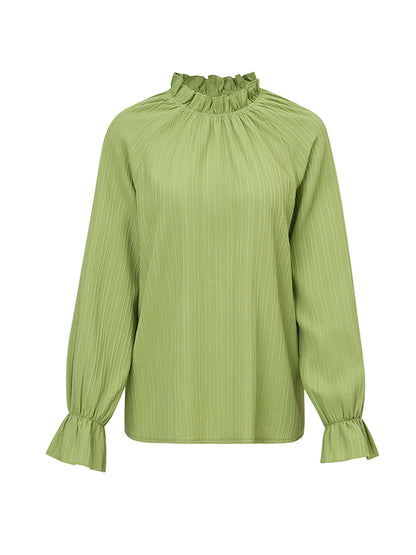 xakxx Long Sleeves Ruffle Sleeves Elasticity Ruffled Solid Color Mock Neck T-Shirts Tops