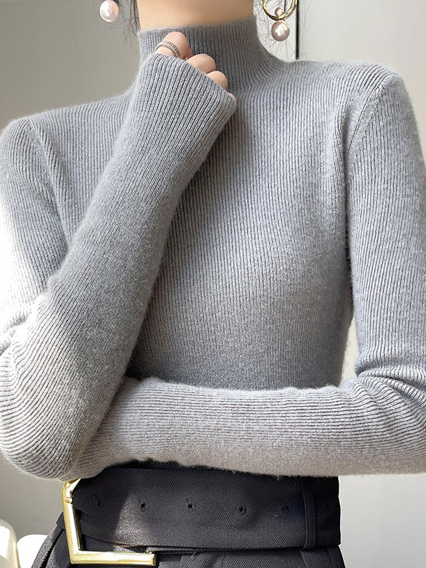 xakxx Casual Skinny Long Sleeves Solid Color Half Turtleneck Sweater Tops