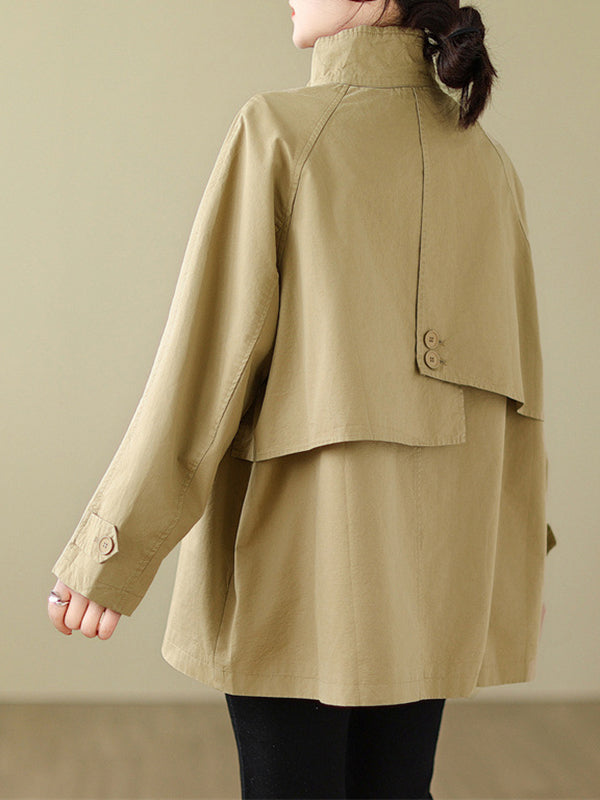 xakxx Long Sleeves Loose Asymmetric Buttoned Pockets Solid Color Split-Joint Stand Collar Outerwear Trench Coats