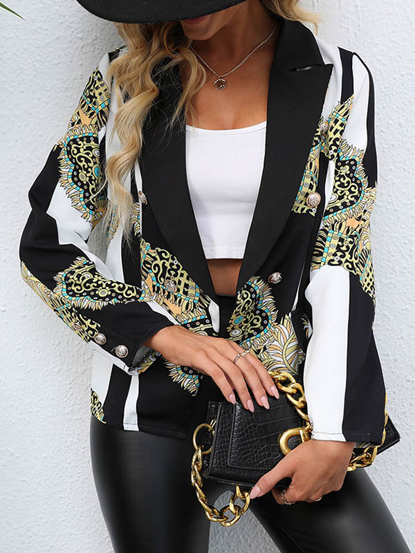 xakxx Long Sleeves Loose Buttoned Pockets Printed Notched Collar Blazer Outerwear