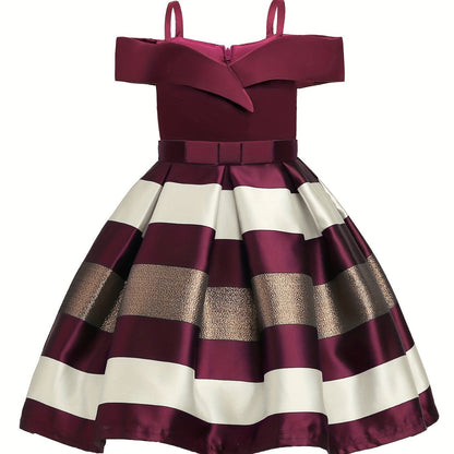 Knee-High Off-the-Shoulder Color Block Pleated Princess Dress for Girls - Sleeveless, Flared Hem, Cotton Lined, Non-Stretch Polyester Fabric, Hand Wash Only - Perfect for Piano Performance, Wedding, Birthday Party, and Evening Occasions