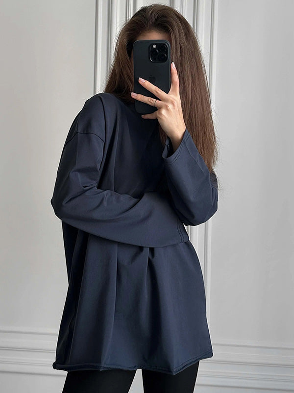 xakxx Long Sleeves Loose Solid Color Round-Neck T-Shirts Tops